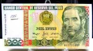 lot 299 image: UNCIRCULATED -1988 Peru 1000 Mil Intis Uncirculated Banknote