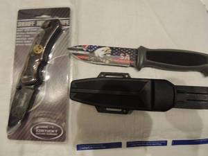 lot 45 image: Sheriff rescue knife 3 blade Kentucky cutlery,    USA fixed blade knife 4 blade in hand sheath