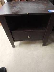 lot 74 image: Brown wood side table with shelf and drawer