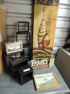 lot 86 image: Home dcor- 2 prints, 2 sets of 3 tier shelves and more