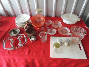 lot 220 image: Kitchen lot- mugs, coasters relish trays, Ancor hocking measuring cup, fire king casserole and more