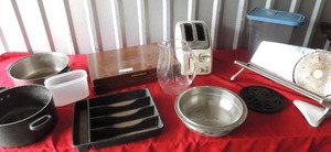 lot 229 image: Meat cheese slicer, general vacubase slicer, T fal toaster, pots, flatwear and more