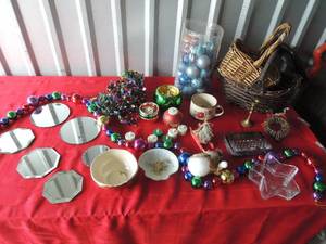 lot 233 image: Christmas- ornaments, tinsel mirror candle tray Bookman basket