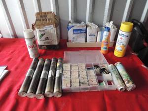lot 240 image: Assorted lot- boxes of gauze, light fixture, sunscreen, kiltz, thread, wallpaper 5 rolls match and 2 match of another design