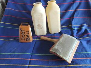 lot 241 image: 2 calf bottles, horse brush and cow bell