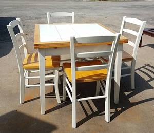 lot 500 image: Solid Wood Dining table with Ceramic Tile top and 4 chairs