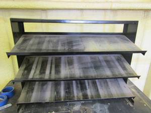 lot 19 image: black metal parts shelf 23x32x10 and 3 racks