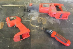 lot 24 image: Black and Decker Fire Storm lot-14.4V flash light, Manualelectric screw driver,  Sawzal   No batteries