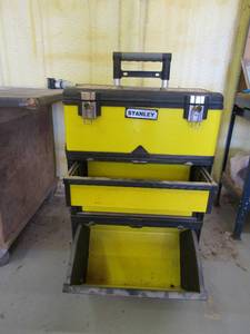 lot 25 image: Stanley Yellow rolling toolbox Top storage and 2 drawers bottom caddy