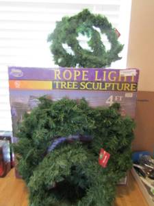 lot 70 image: Two 4 foot rope light tree sculptures plus medium and small wreaths