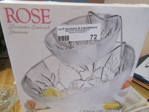 lot 72 image: Rose crystal chip & dip server 12 Crown corning egg platter Rose 13 serving platter