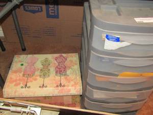 lot 95 image: Double clipart board,  5 drawer plastic storage cart with envelopes and more