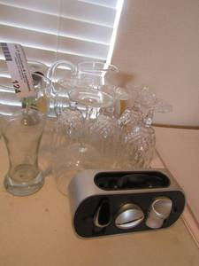 lot 124 image: Wine bottle kit, diamond cut wine glasses and glass pitcher