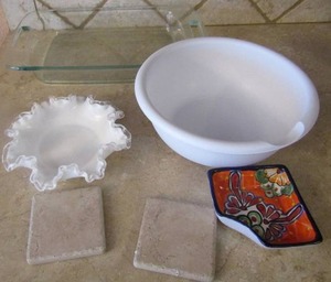 lot 163 image: Pyrex baking dish, white flower top bowl, 2 tile pieces, white mixing bowl