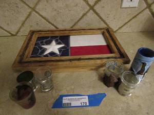 lot 170 image: Texas wooden wall art and various shot glasses