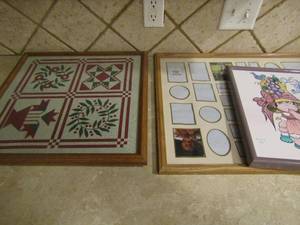 lot 176 image: Multi pic wall frame 19x23, framed canvas of young girl 15x12, stitched art 18x18