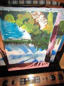 lot 177 image: canvas art- blue boat 25 x13, blue speckled 24x20, Lady 20x16, Tiger 20x16, waterfall 16x12
