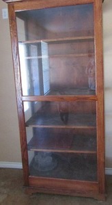 lot 180 image: Custom Buiklt Cabinet sliding glass front 6 tier shelf 79x35x18