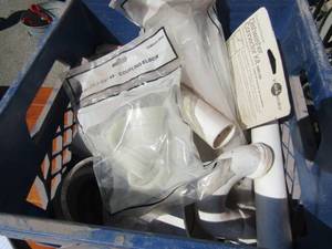 lot 228 image: Blue crate full of PVP pipe fittings- 1.5 elbow fittings new