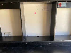 lot 401 image: FRONT COUNTER  BLACK  2 LOCKING DRAWERS. SHELVES   26H X 84L X 24D