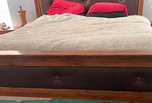 lot 2 image: Custom built  King bed HB 54x86 & FB 32x84 Star symbol wood base  One of a kind