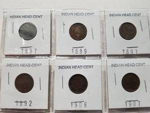 lot 62 image: Selection of vintage Indian head cents -1887, 1889, 1891, 1892, 1906, and 1907