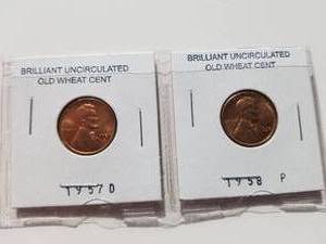 lot 14 image: 1957D and 1958 uncirculated wheat pennies