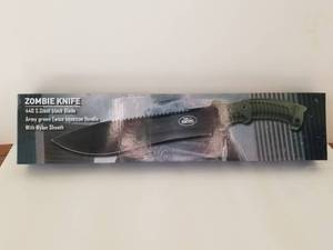 lot 10 image: Zombie knife by Kentucky cutlery Co. - 440 S. Steel black blade with Nylon sheath - New in Box
