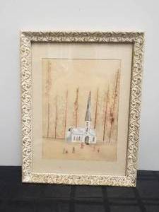 lot 181 image: Framed artwork of church in watercolor - 14 by 18