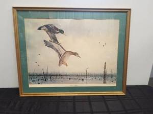 lot 185 image: Framed artwork - Arkansas Mallards by Terrell Dickley-1972 - signed - 21 by 28