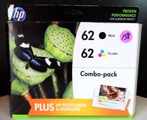lot 158 image: SEALED HP 62 Black & 62 Tri Color Ink Cartridge Combo (2 Pack) Genuine