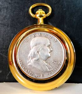 lot 177 image: UNIQUE COLIBRI FRANKLIN 12 DOLLAR POCKET WATCH - GOLD TONE CASE