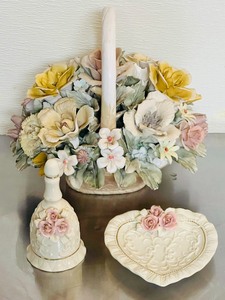 lot 11 image: Capo De Monte Bone China Flower Basket W Decorative Rose Heart Dish and Bell