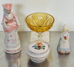 lot 37 image: Vintage Porcelain Victorian Women In Pink Figurine wItalian made Candy Dish wMarble Base along wLittle Dutch Girl Porcelain Bell by Jeffrey Snyder