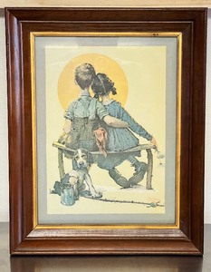 lot 92 image: Vintage Norman Rockwell Framed Canvas Print, Little Spooners CPC 1972 11x14- Frame 15 12x 19 12