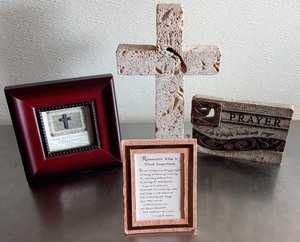 lot 143 image: Christian Decor Bundle, Framed Pictures, Stone Cross & Stone Plaque