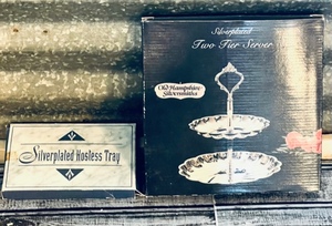 lot 109 image: Old Hampshire Silversmiths Two Tier Server and Silver-plated Hostess Tray