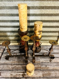 lot 158 image: Birch Candles wOrnate Wood and Iron Sconces