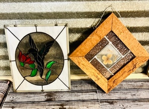 lot 198 image: 12 12 x 11 and 10 12 x 10 12 Stained Glass Framed Window Hangers