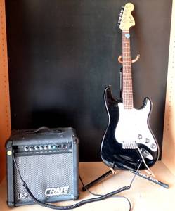 lot 4 image: BIG $$$ ITEM - SQUIER Bullet Stratocaster HSS HT Electric Guitar Black w CRATE GFX15 Guitar Combo Amp & ULTRA Stand - TESTEDWORKS