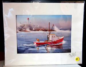 lot 55 image: Neil Depew Peggys Cove (Fishing Boat & Lighthouse) Matted Watercolor Print Signed By Artist October 4, 2013 $$