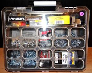 lot 119 image: HUSKY STORAGE TOTE FILLED WITH HARDWARE AS SHOWN