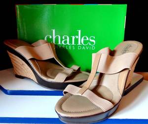 lot 128 image: Charles David Womens - Camel Stretch Wedge Sandals Shoes 9 NEW