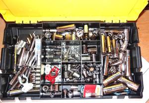 lot 159 image: STANLEY STORAGE TOTE FULL OF CRAFTSMAN SOCKETS & OTHER ASSORTED HARDWARE $$$