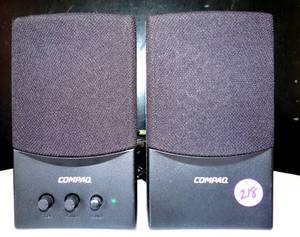 lot 218 image: Compaq FLC Presario Computer PC Black Speaker System Set PN 5069-6274