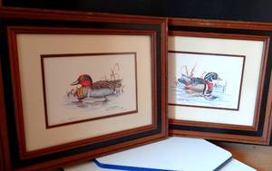 lot 256 image: VINTAGE LIMITED EDITION (MATCHED SERIAL #s 12400) N J Shumaker Pallan - Signed Green Winged Teal & Wood Duck - Matted & Framed $$$ (x2)