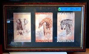lot 288 image: Vintage J. Gibson Trio Safari Africa Print 24X14 Elephant Zebra Framed Under Glass $$