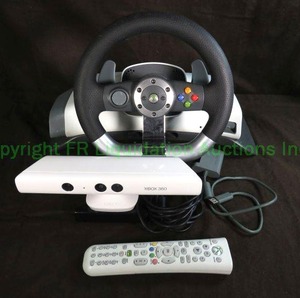 lot 7 image: Microsoft XBox 360 gaming controls, including Kinect motion sensor, XBox steering wheel, and XBox 360 remote control