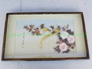 lot 15 image: Vintage jade stone diorama of birds perched in a tree, one wing is broken.