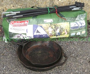 lot 30 image: Coleman River Gorge 6 person tent and two cast-iron cooking pans